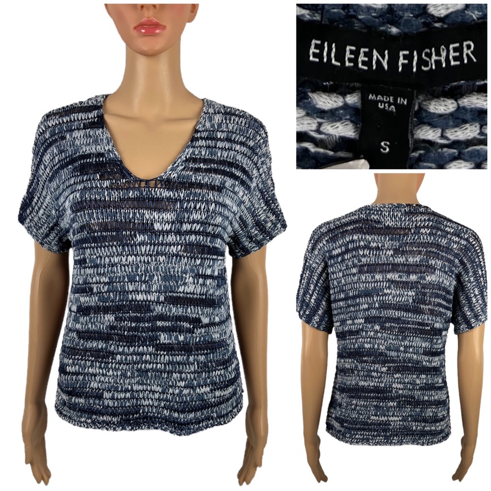 Eileen Fisher Womens Small Sweater Short Sleeve Blue Gray Knit Top Cotton Blend